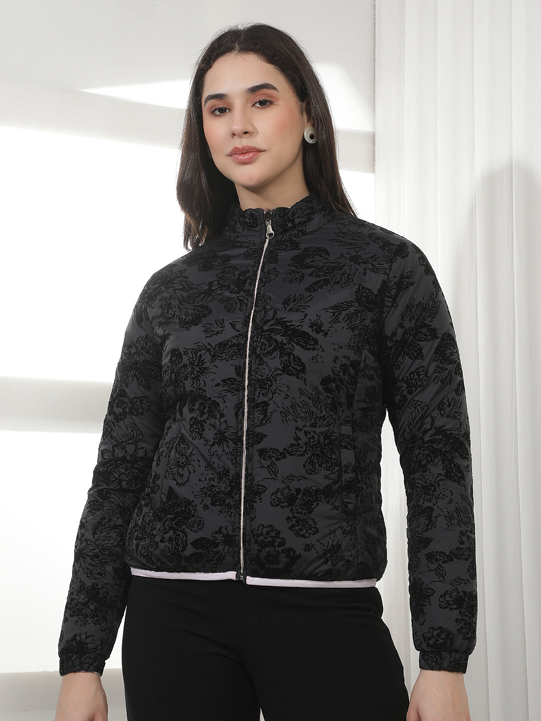 Pink Floral Print Waist Length Reversible Jacket
