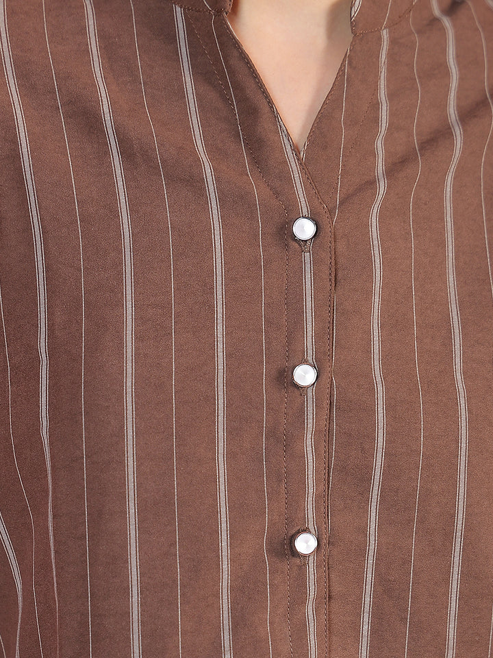 Brown Striped V-Neck Shirt