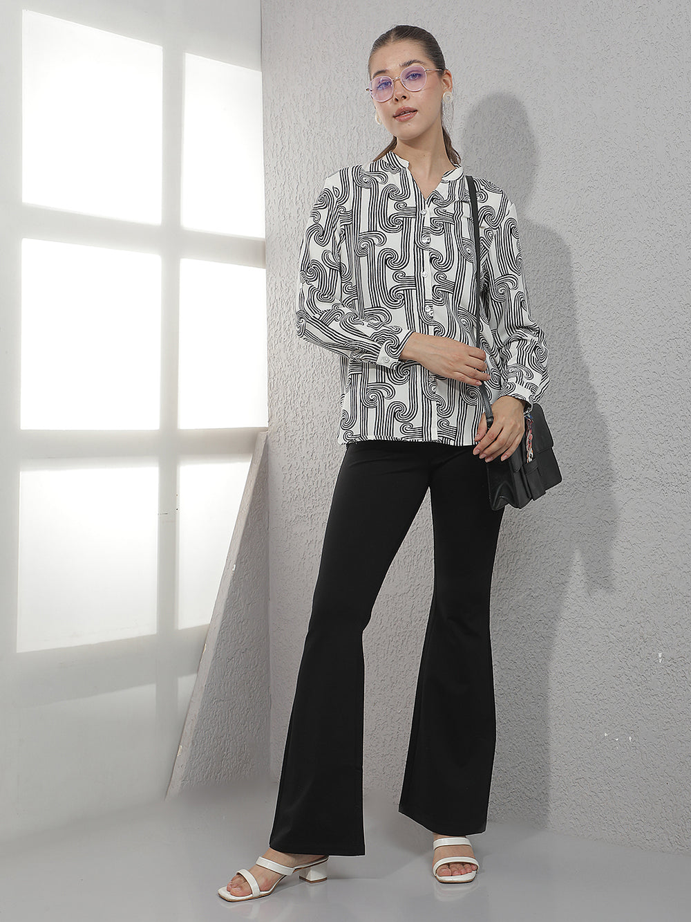 White Printed V-Neck Shirt