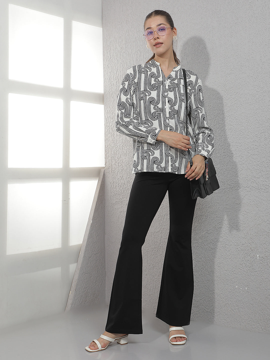 White Printed V-Neck Shirt