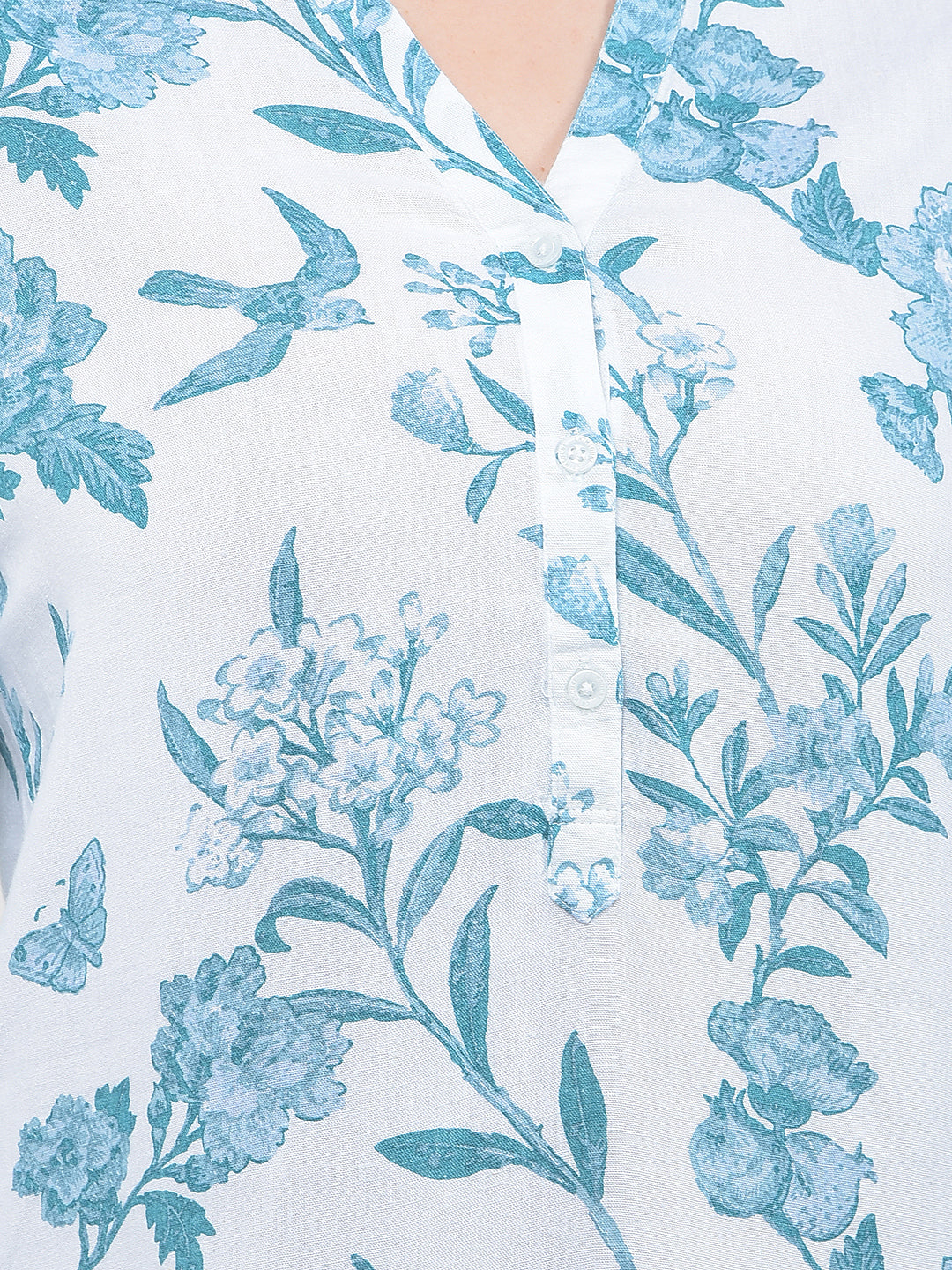 Green Floral Print V-Neck Linen Top