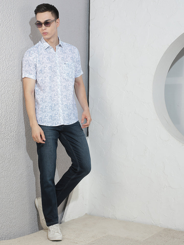 Blue Abstract Print Linen Shirt