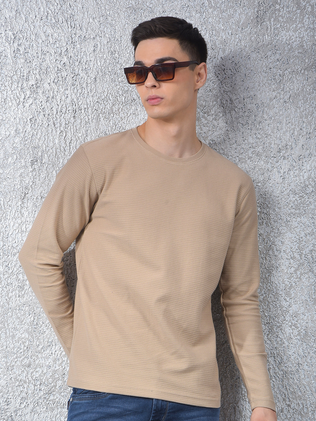 Beige Textured Knit Sweatshirt