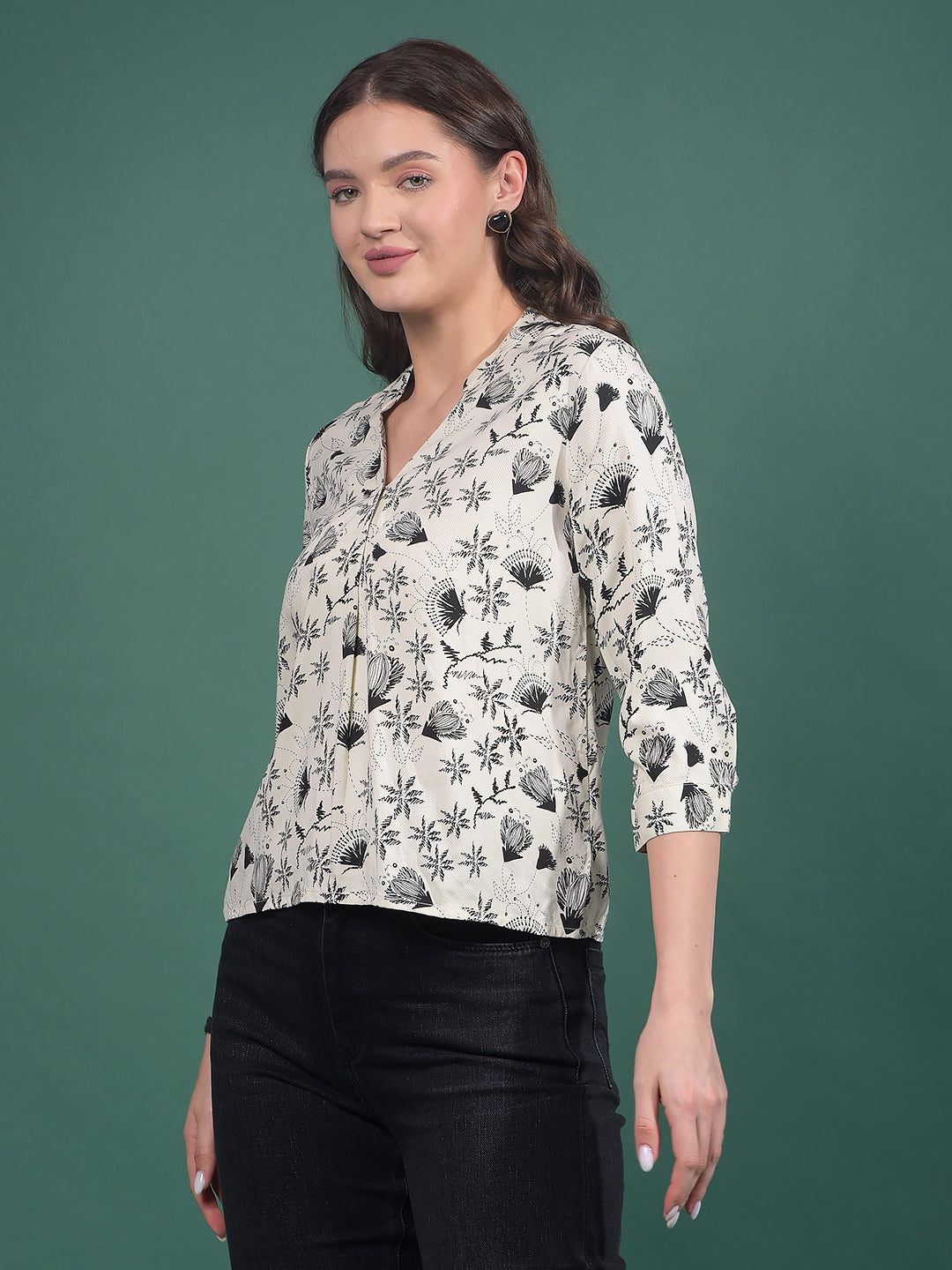 White Floral Print V-Neck Top