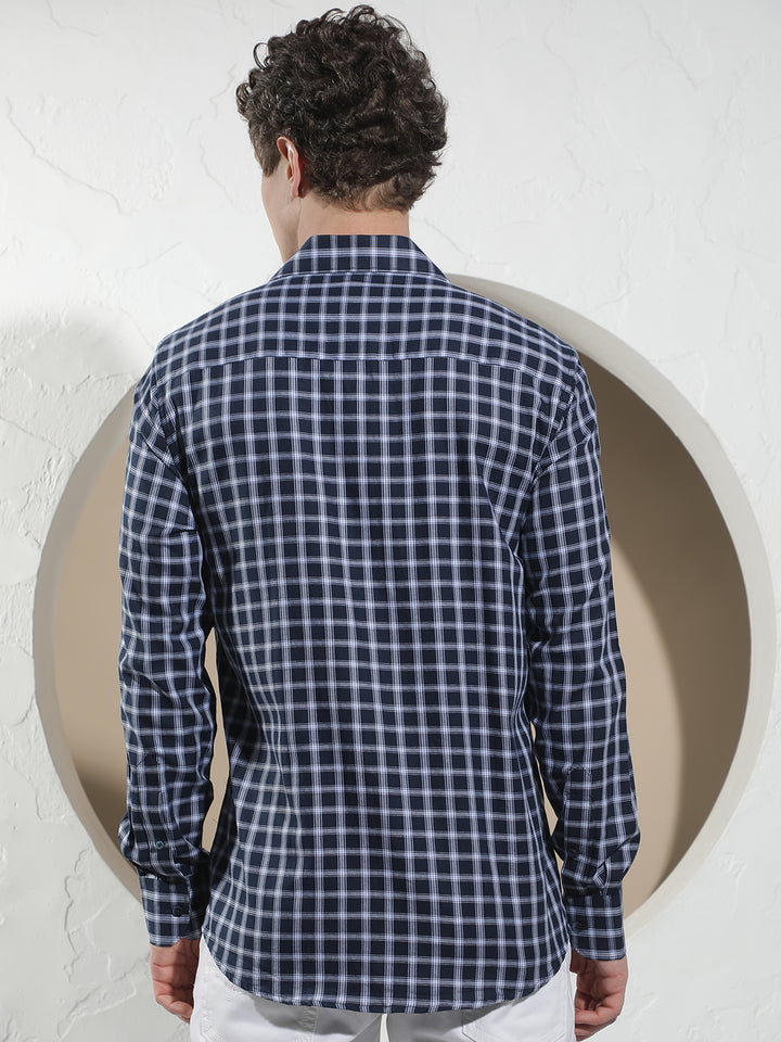 Navy Blue Checked 100% Cotton Shirt