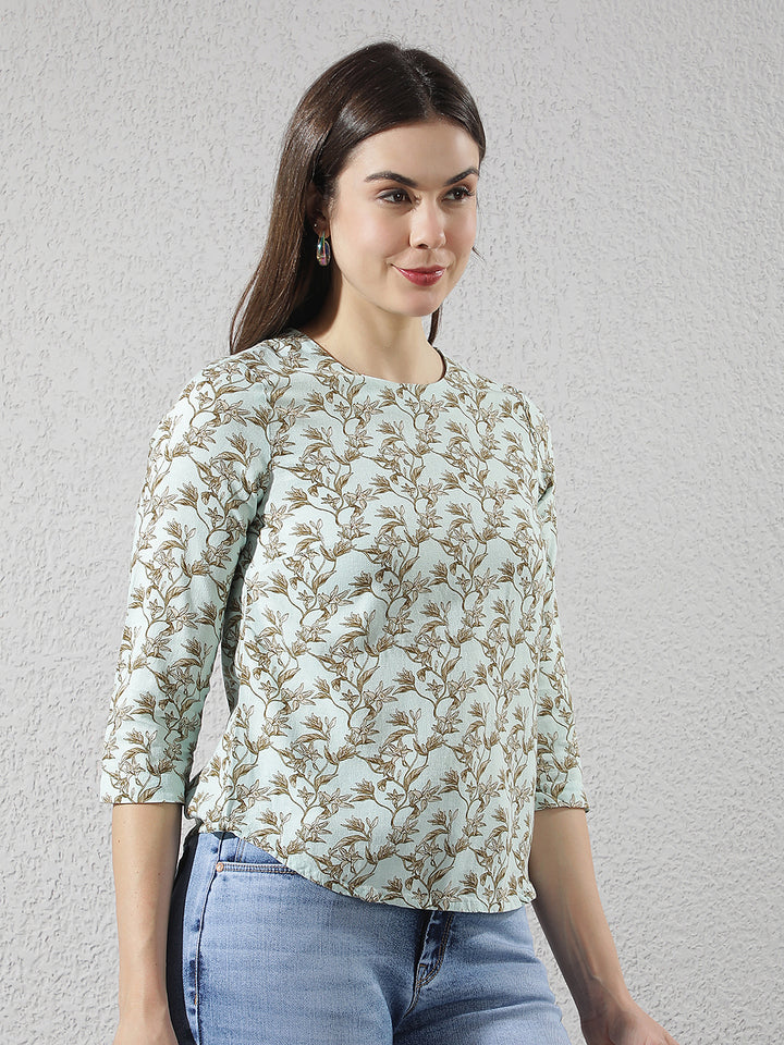 Green Linen Round Neck Floral Printed Top