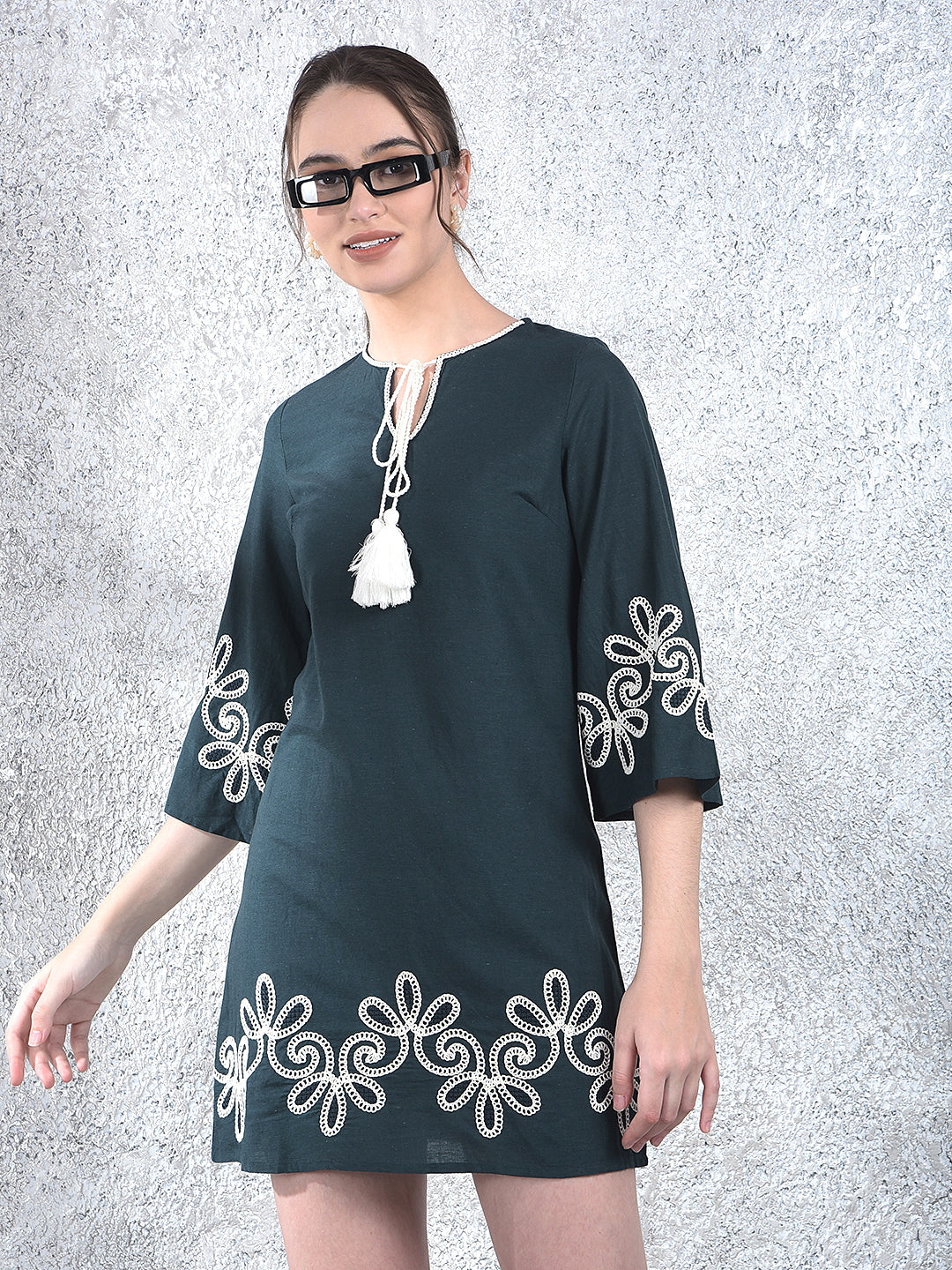 Teal Embroidered Mini Dress