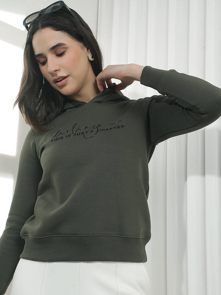 Olive Typographic Print Hooded Neck Sweatshirt