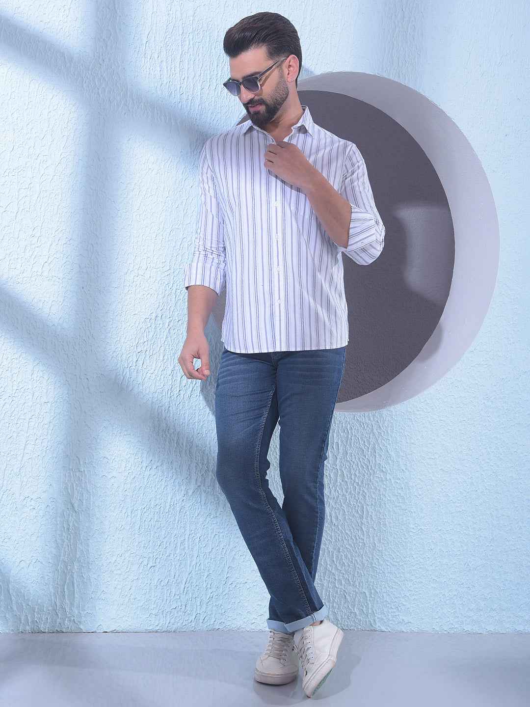 White 100% Cotton Vertical Stripes Shirt