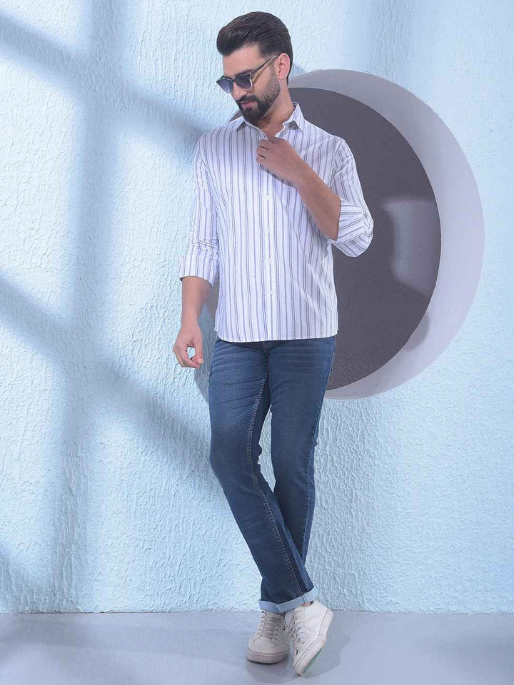 White 100% Cotton Vertical Stripes Shirt