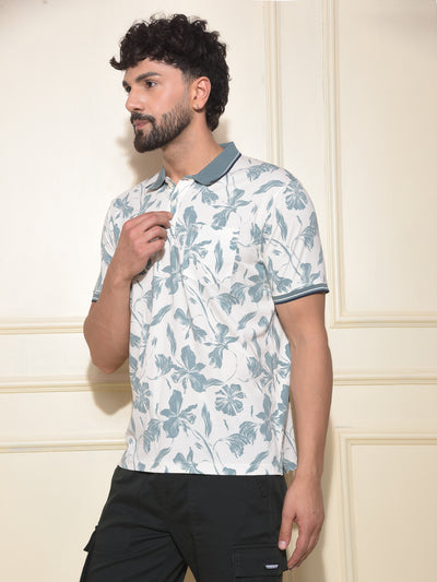 Green Floral Print Polo-Neck T-Shirt