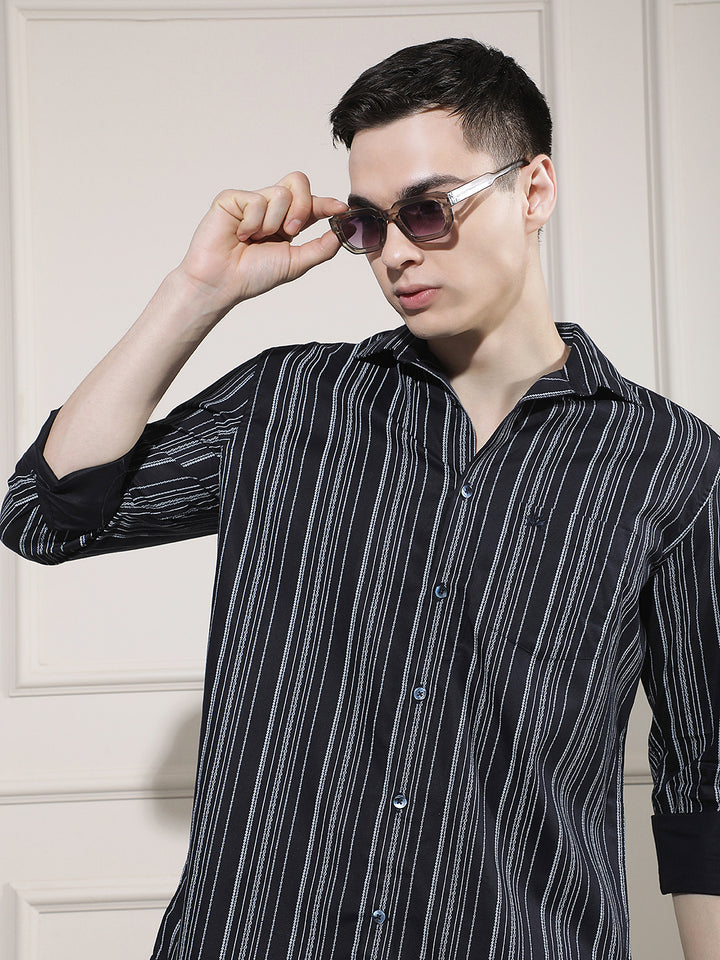 Navy Blue Vertical Striped Shirt