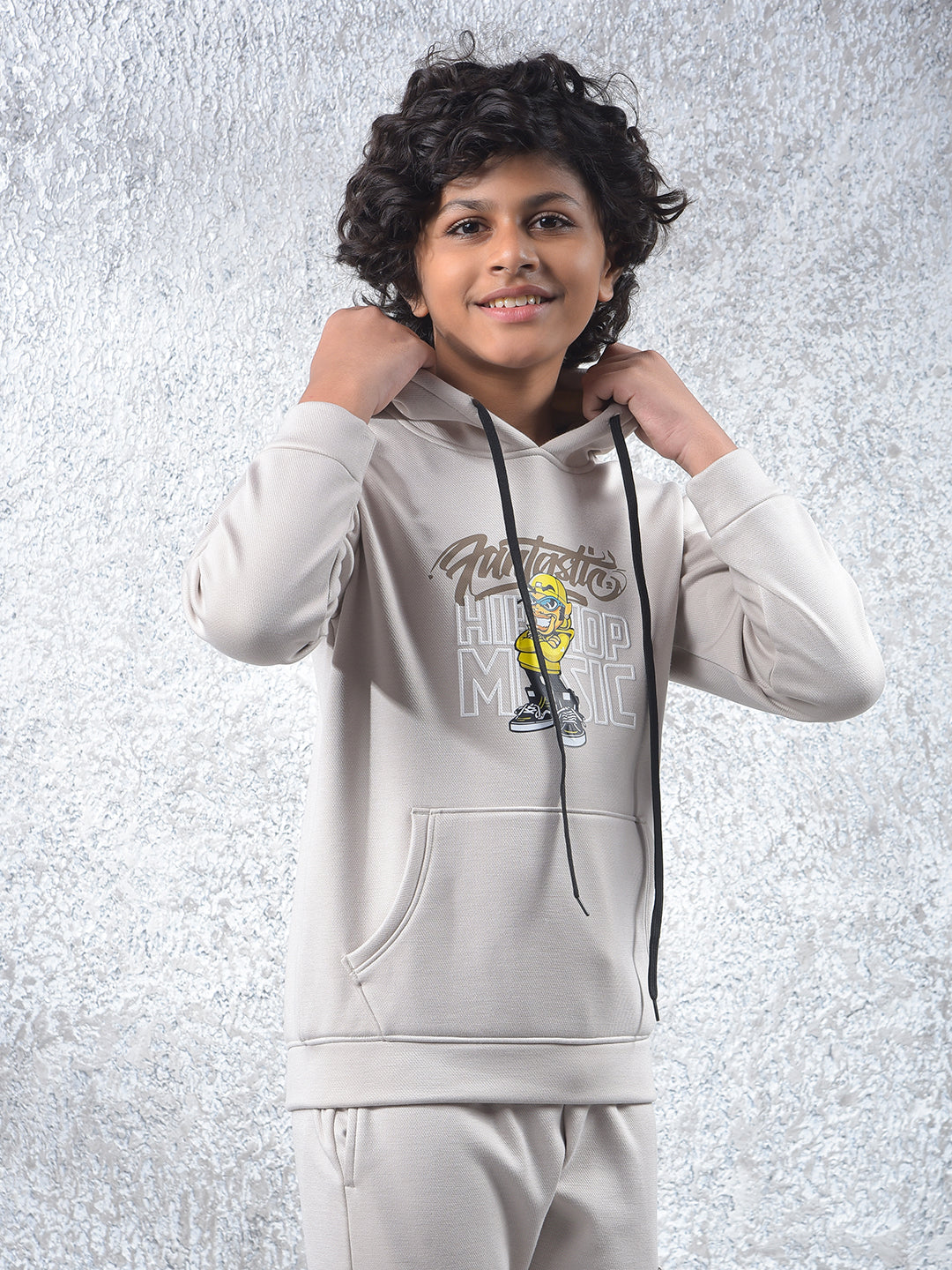 Beige Graphic Print Hooded Neck Sweatshirt