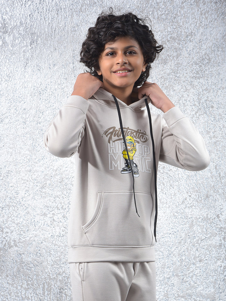Beige Graphic Print Hooded Neck Sweatshirt