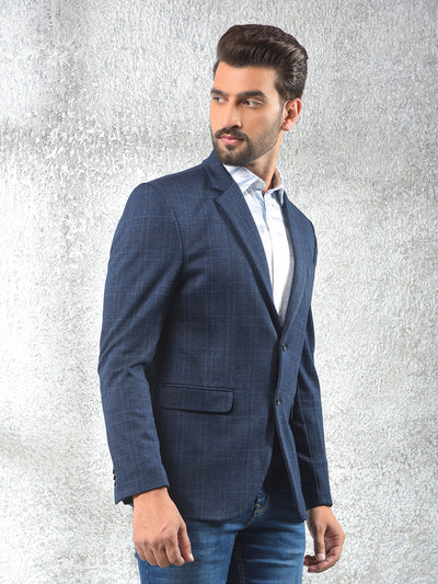 Navy Blue Checked Notched Lapel Single-Breasted Blazer