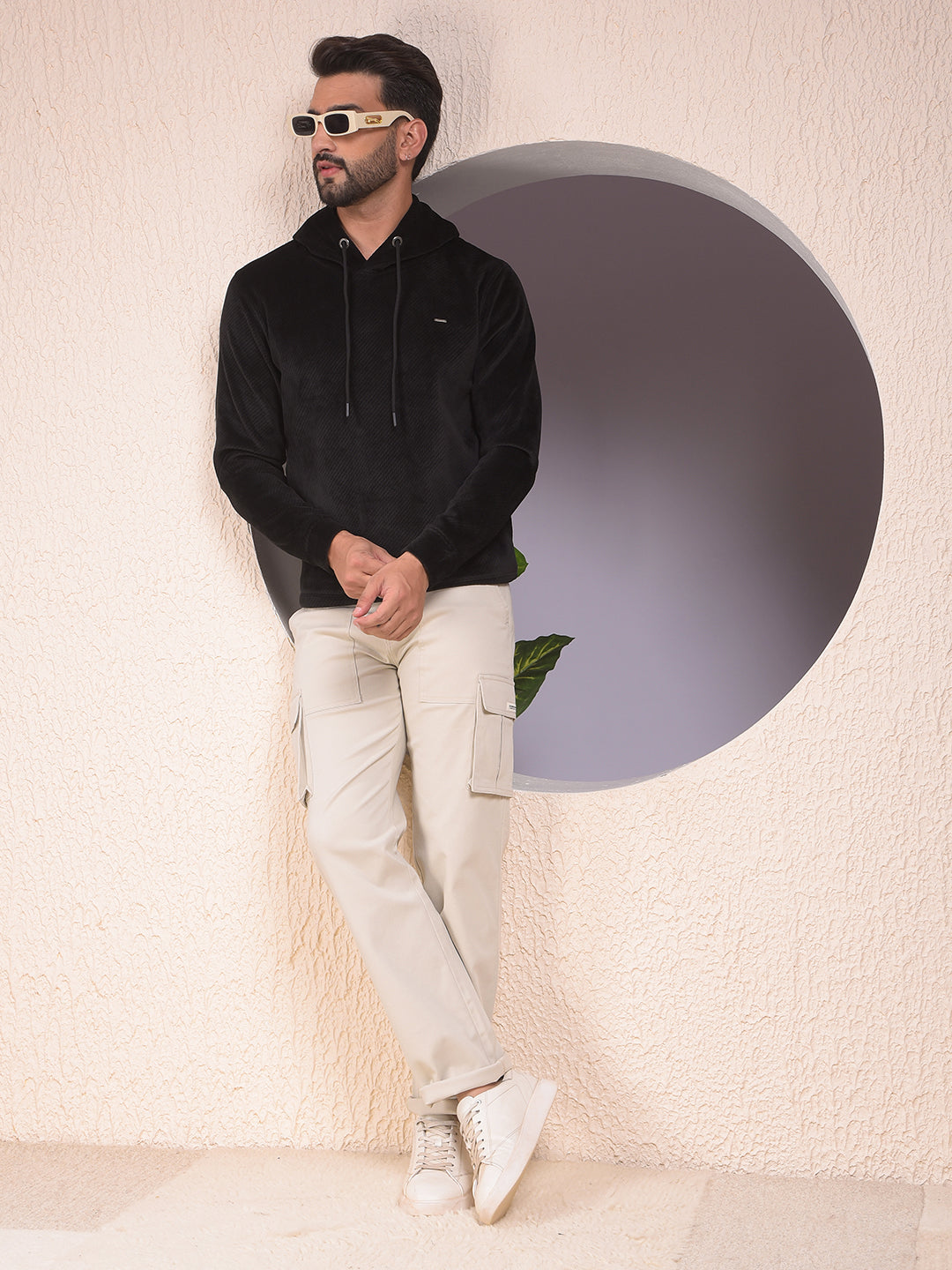 Black Jacquard Hooded Neck Sweatshirt