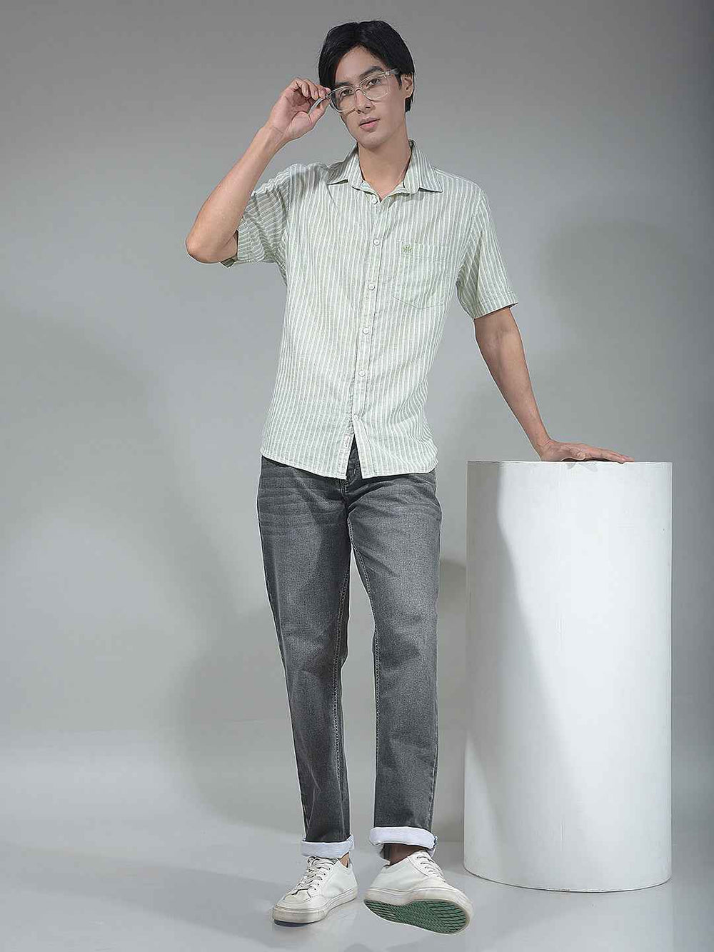 Green Vertical Striped Linen Shirt