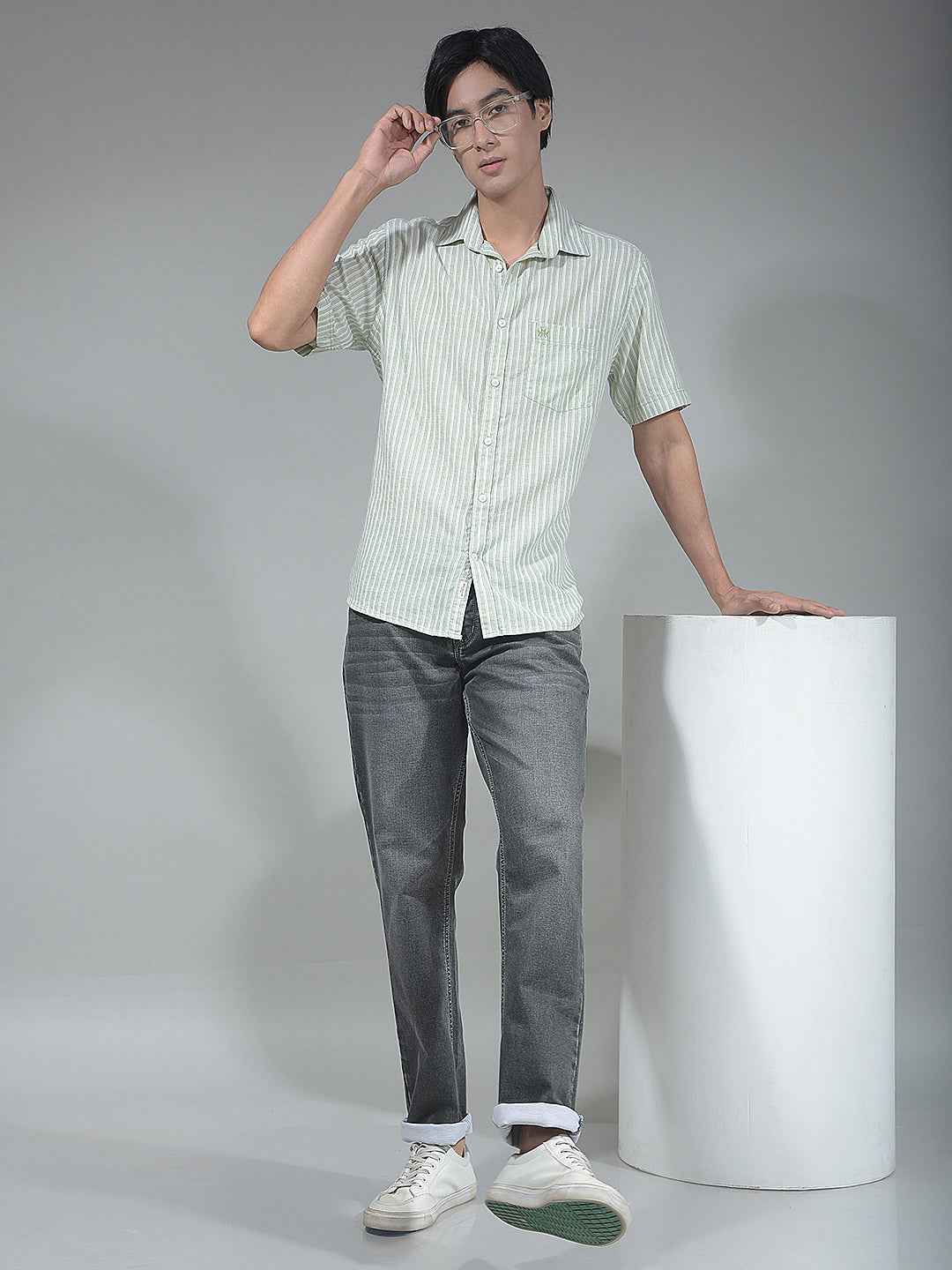 Green Vertical Striped Linen Shirt