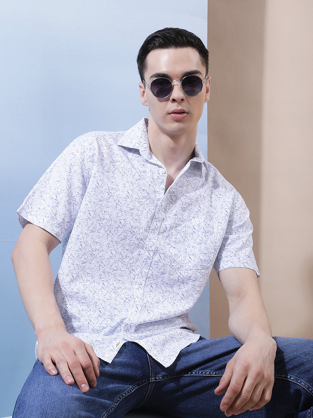 Blue Geometric Print 100% Cotton Shirt