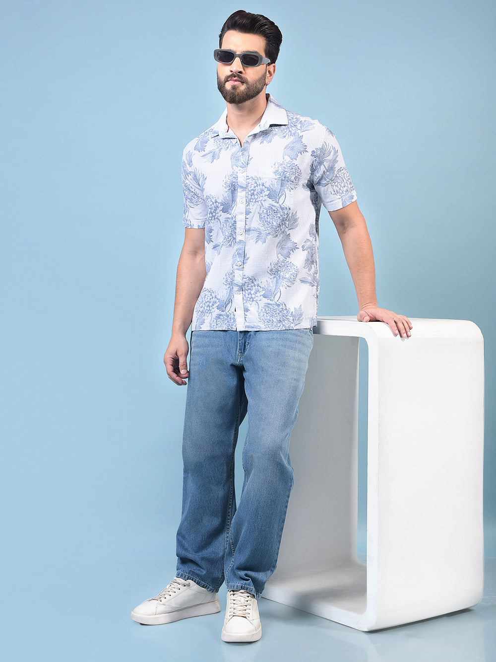 Men's Blue Floral Print 100% Cotton Shirt-Men Shirts-Crimsoune Club