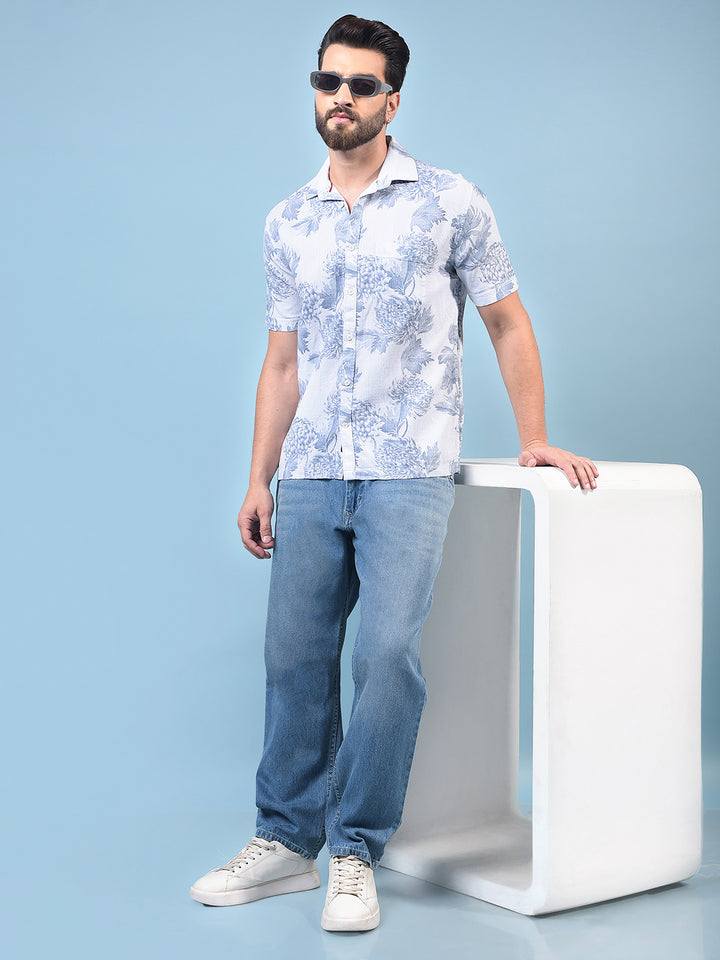 Men's Blue Floral Print 100% Cotton Shirt-Men Shirts-Crimsoune Club
