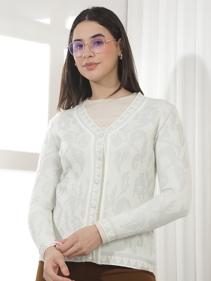 Off White Jacquard V-Neck Cardigan