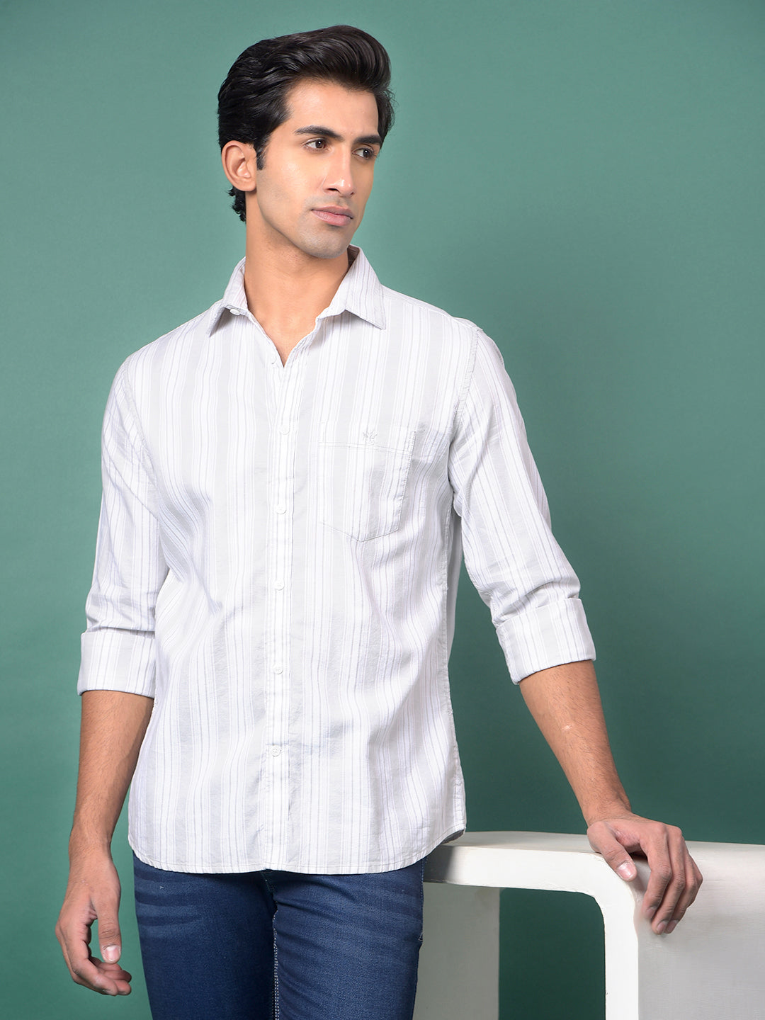 Green Vertical Stripes 100% Cotton Shirt-Men Shirts-Crimsoune Club