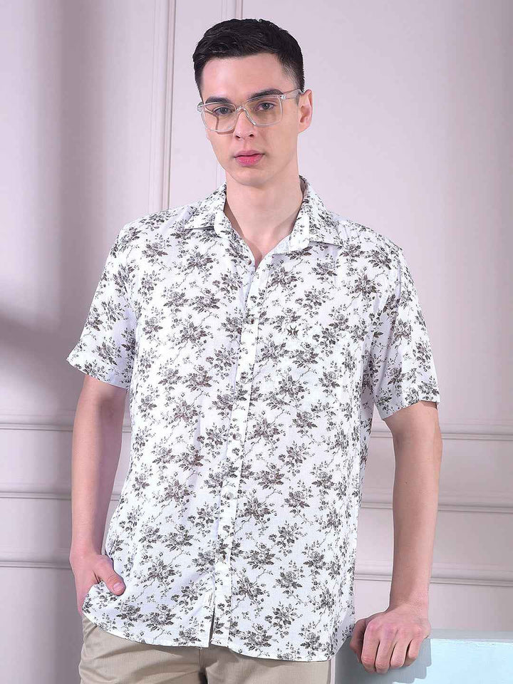 White Linen Floral Print Shirt