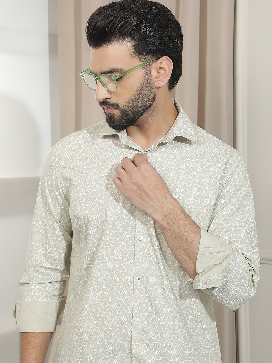 Refined Moss Green Printed Shirt
