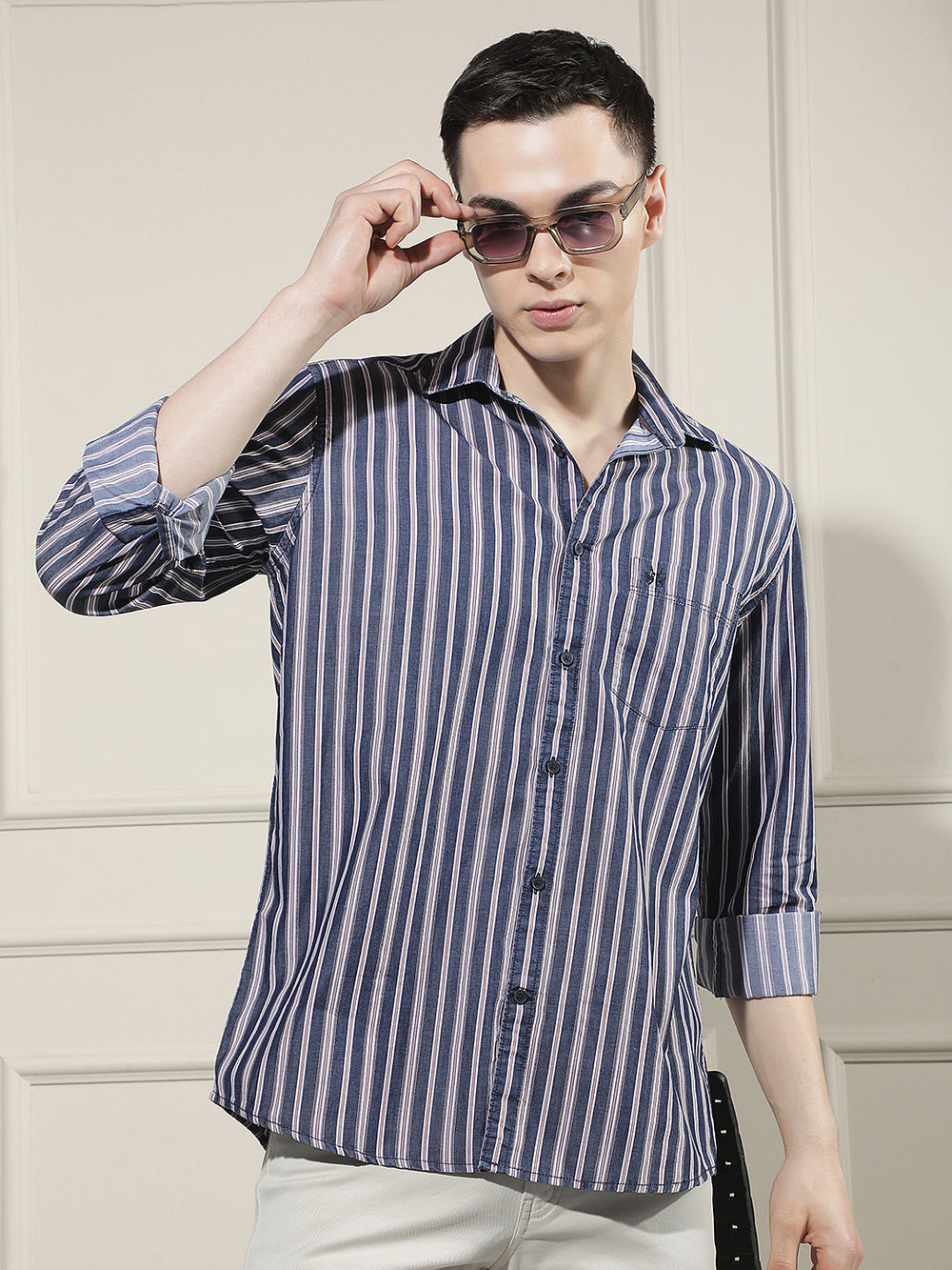 Navy Blue Vertical Stripes 100% Cotton Shirt