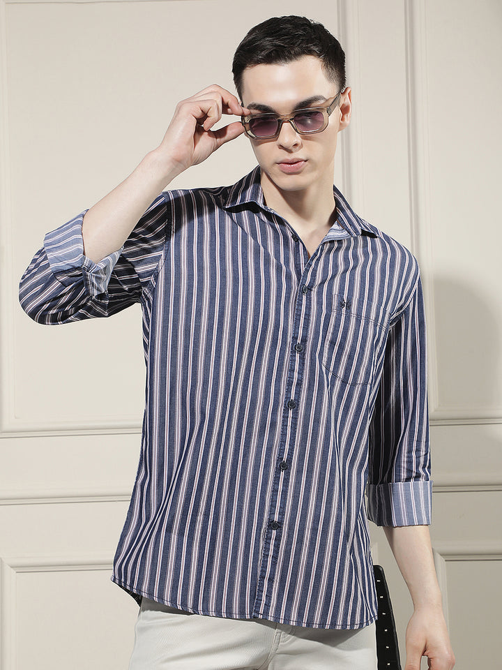 Navy Blue Vertical Stripes 100% Cotton Shirt