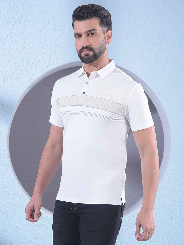 White Typographic Print Polo Neck T-Shirt