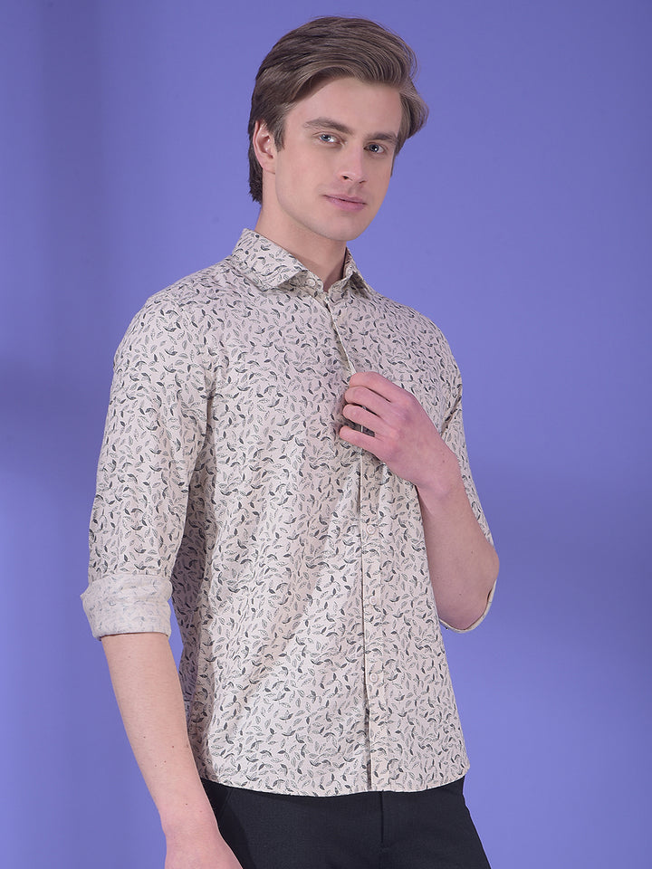 Beige Floral Printed 100% Cotton Shirt