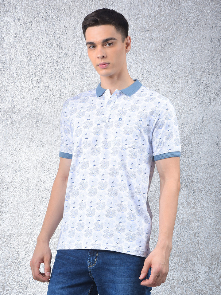 Blue Floral Print Polo Neck T-Shirt