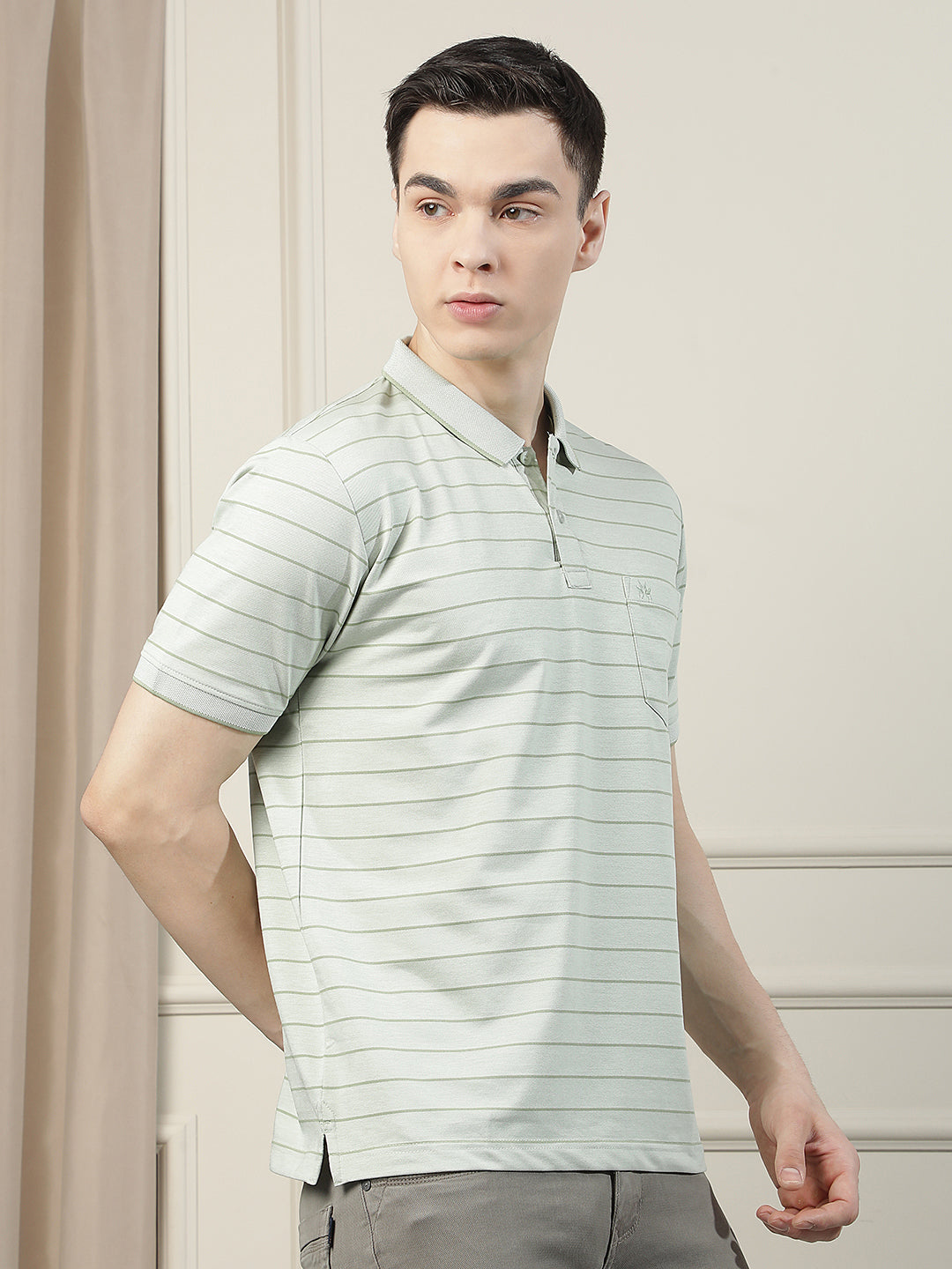 Beige Horizontal Stripes Polo Neck T-Shirt