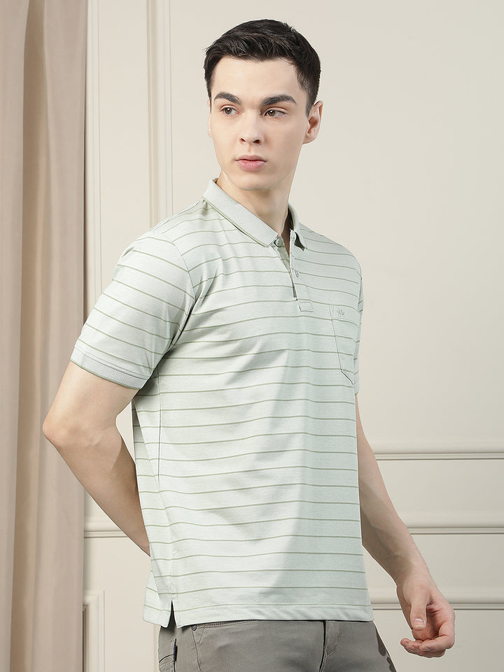 Beige Horizontal Stripes Polo Neck T-Shirt