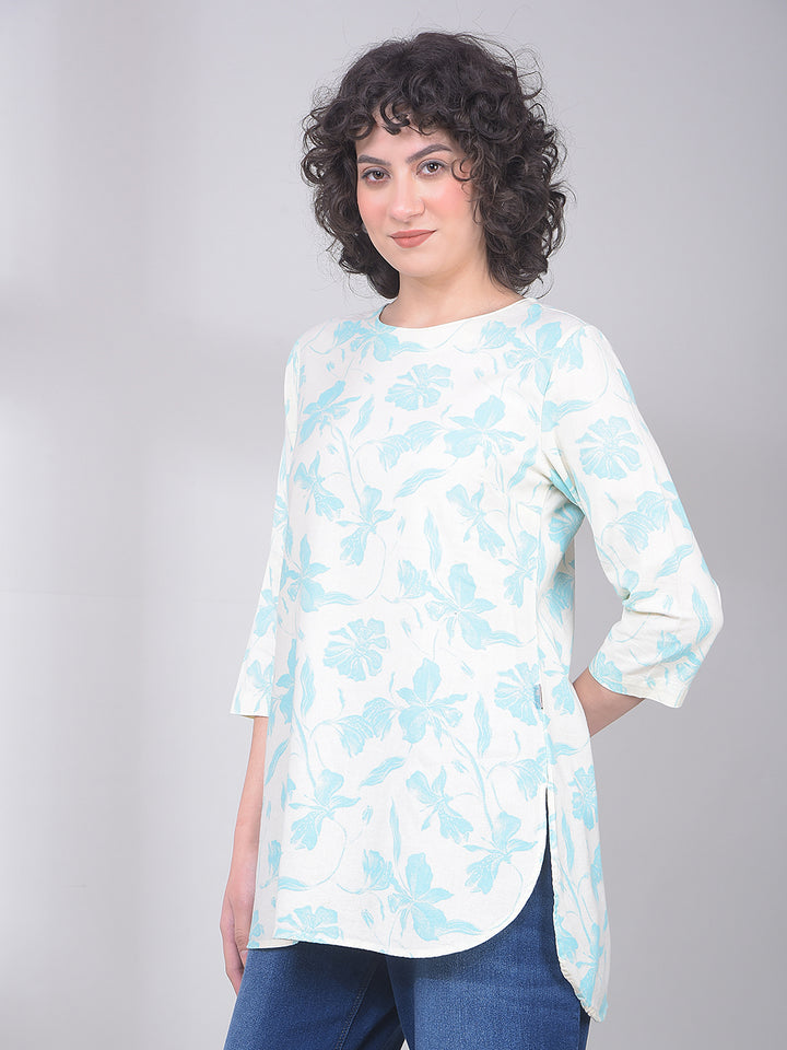 Blue Floral Print Linen Top