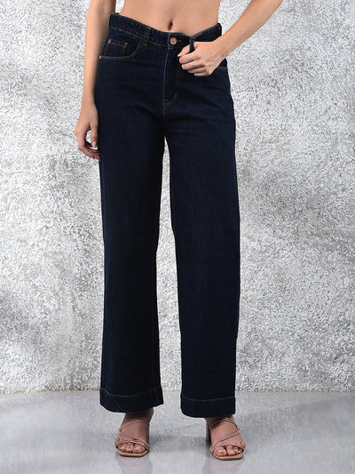 Flowy Navy Blue Wide-Leg Cotton Jeans-Women Jeans-Crimsoune Club