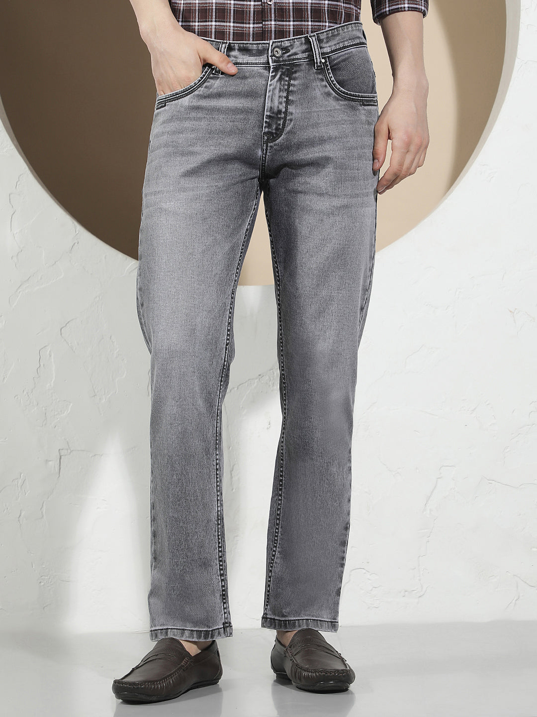 Grey Cotton Straight Jeans