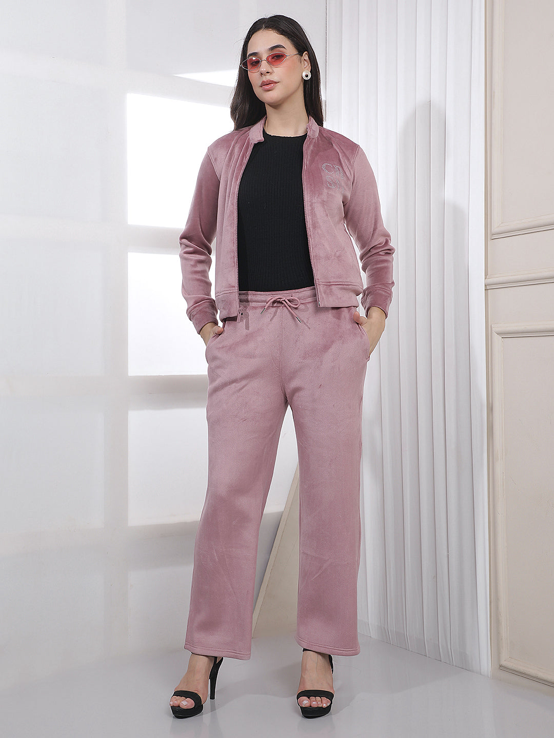 Pink Embellished Mock Neck Sweatshirt