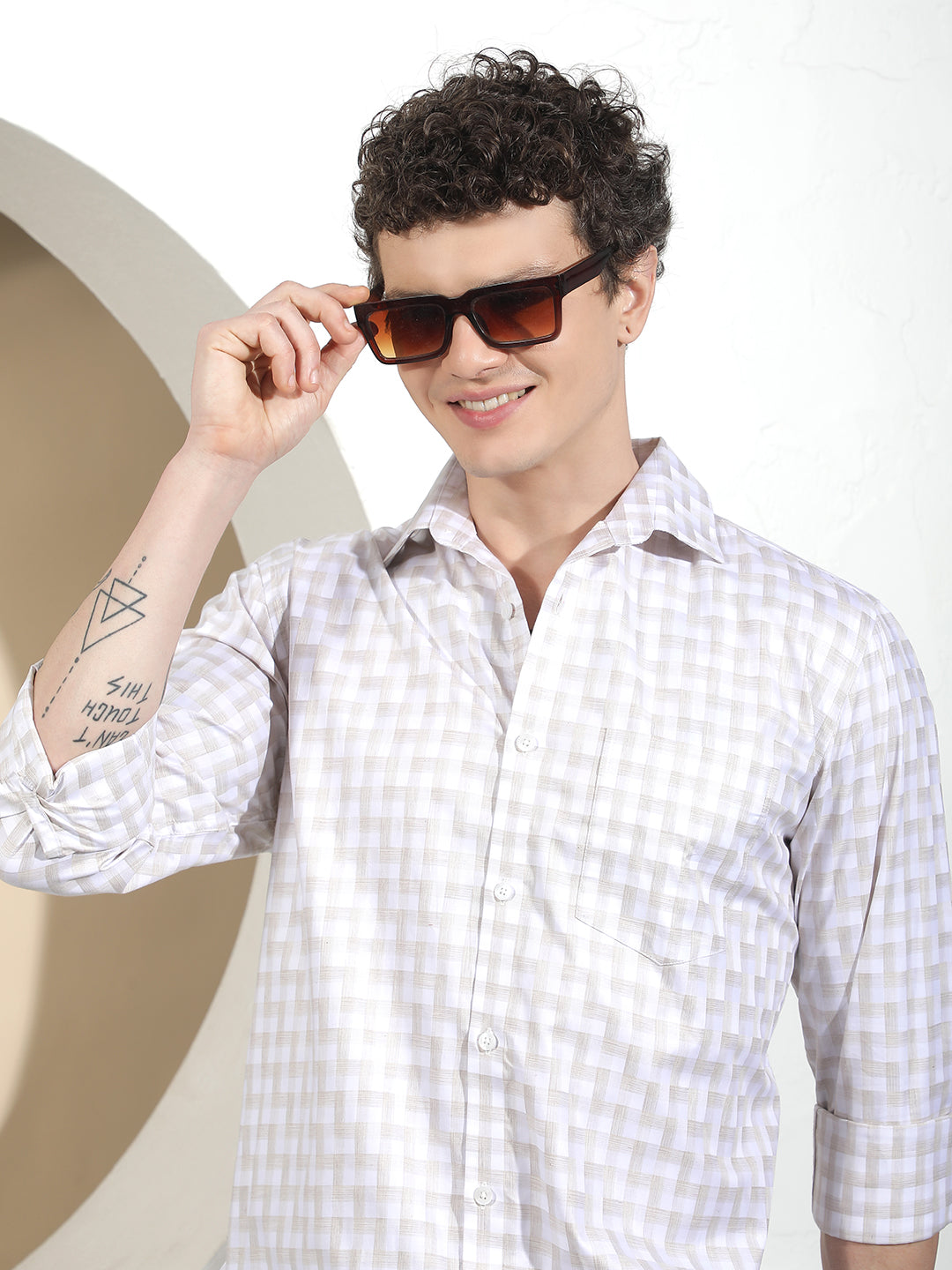 Beige Checked 100% Cotton Shirt