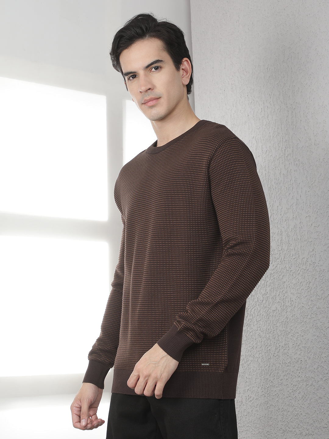 Brown 100% Cotton Textured Round Neck Sweater