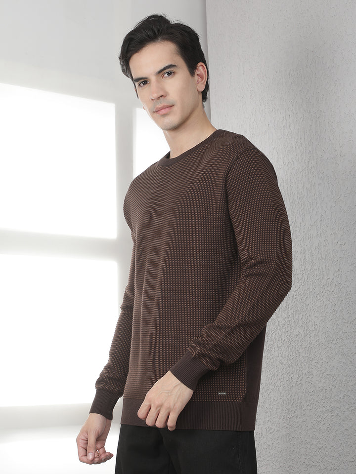 Brown 100% Cotton Textured Round Neck Sweater