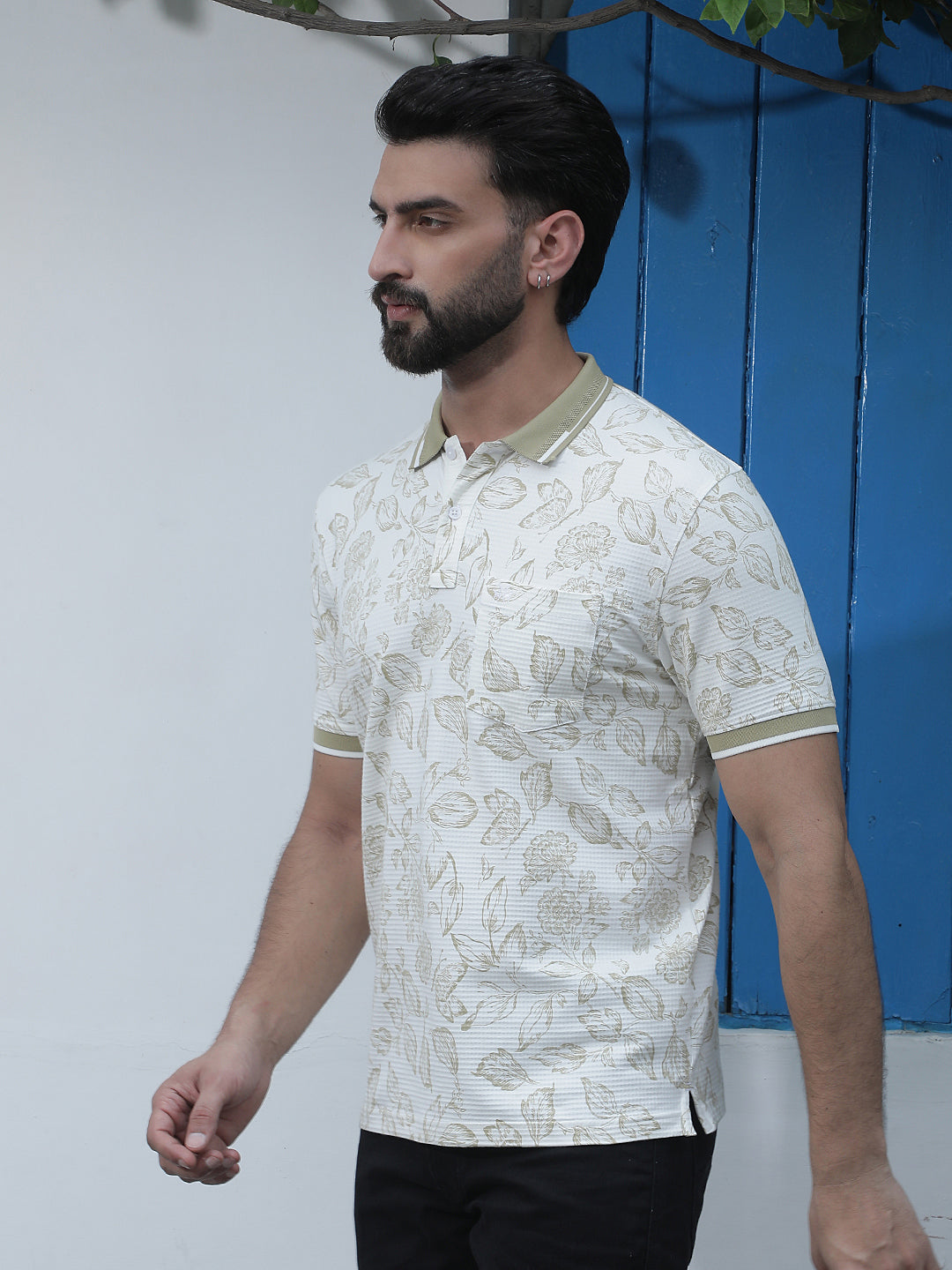 White Floral Print Polo Neck T-Shirt