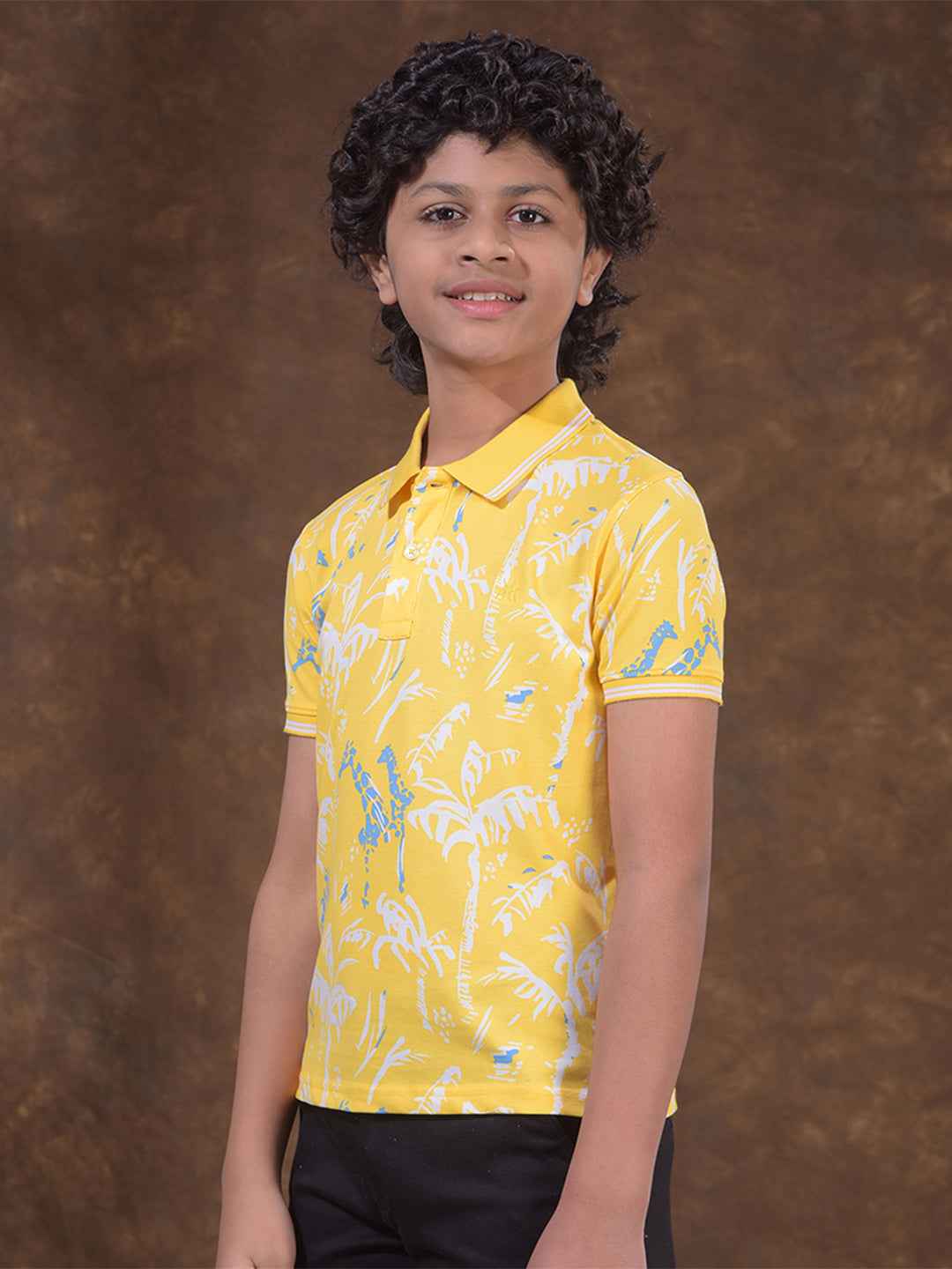 Yellow Floral Print Polo Neck T-Shirt