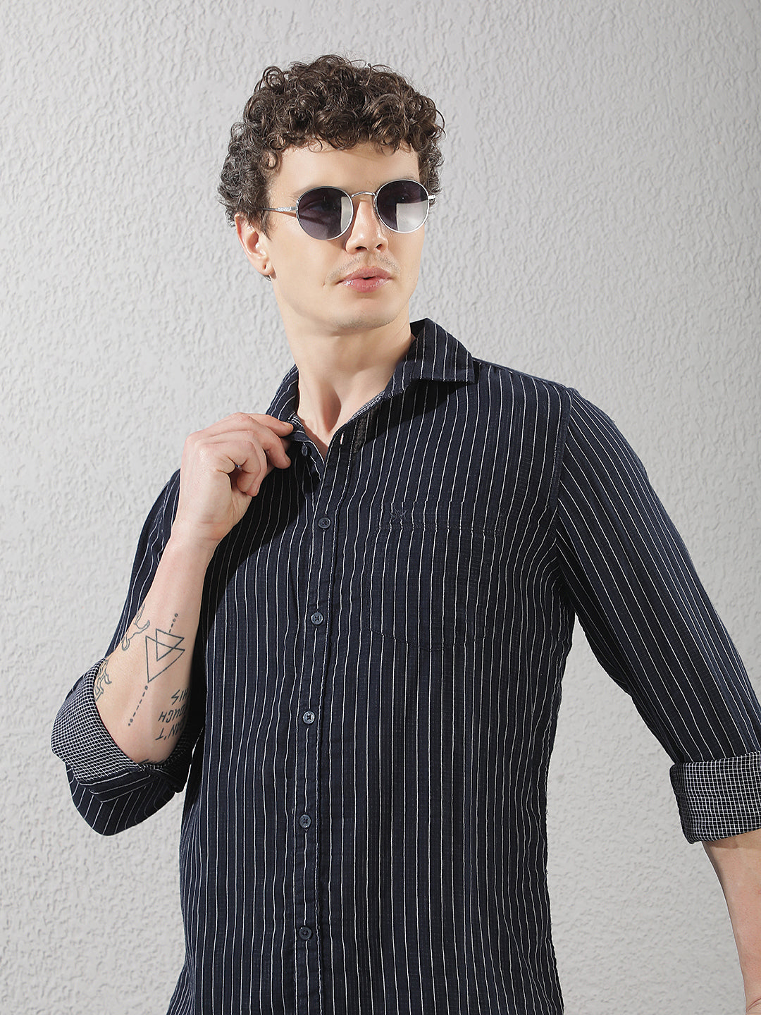 Navy Blue 100% Cotton Verical Stripes Shirt