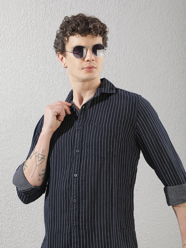 Navy Blue 100% Cotton Verical Stripes Shirt