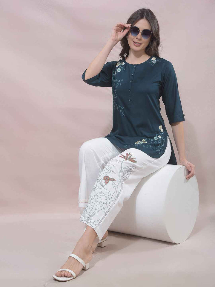 Green Floral Embroidered Top