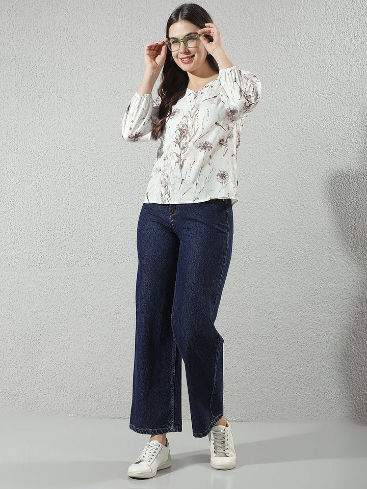 Multi-Color Floral Print V-Neck Top