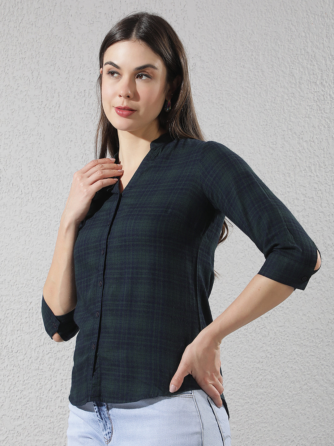 Green Checked V-Neck Shirt